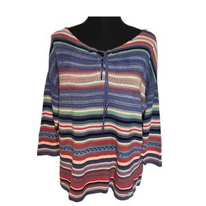 Chaps Denim Multicolor Stripe Knit Top Sz L Lace Up Boho Cottagecore Linen Blend